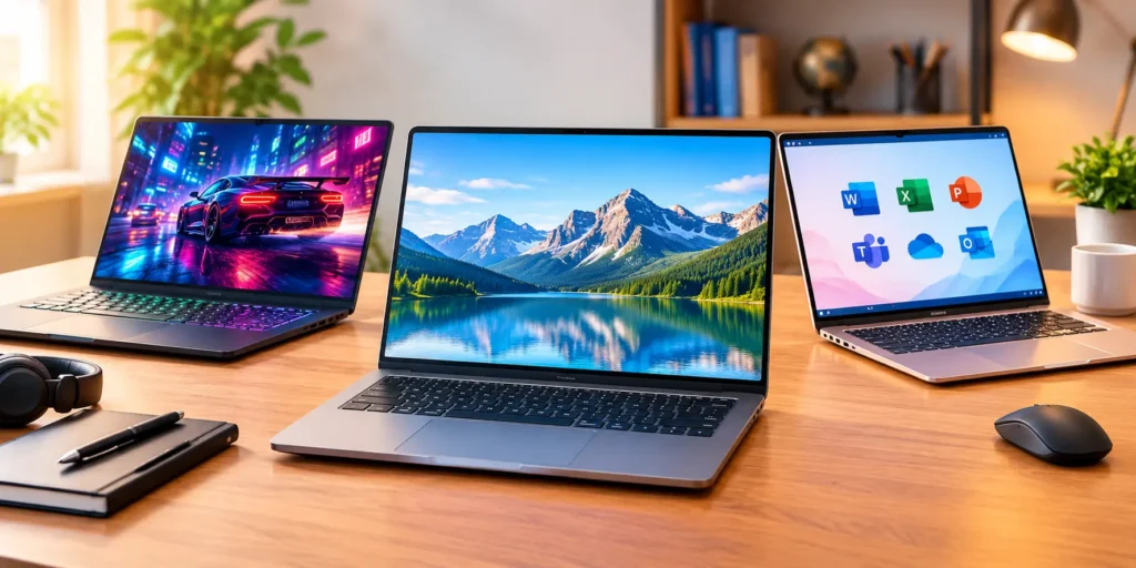 Three laptops showing gaming, everyday work, and productivity uses on a modern desk
