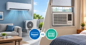 Split AC vs window AC comparison showing indoor cooling systems