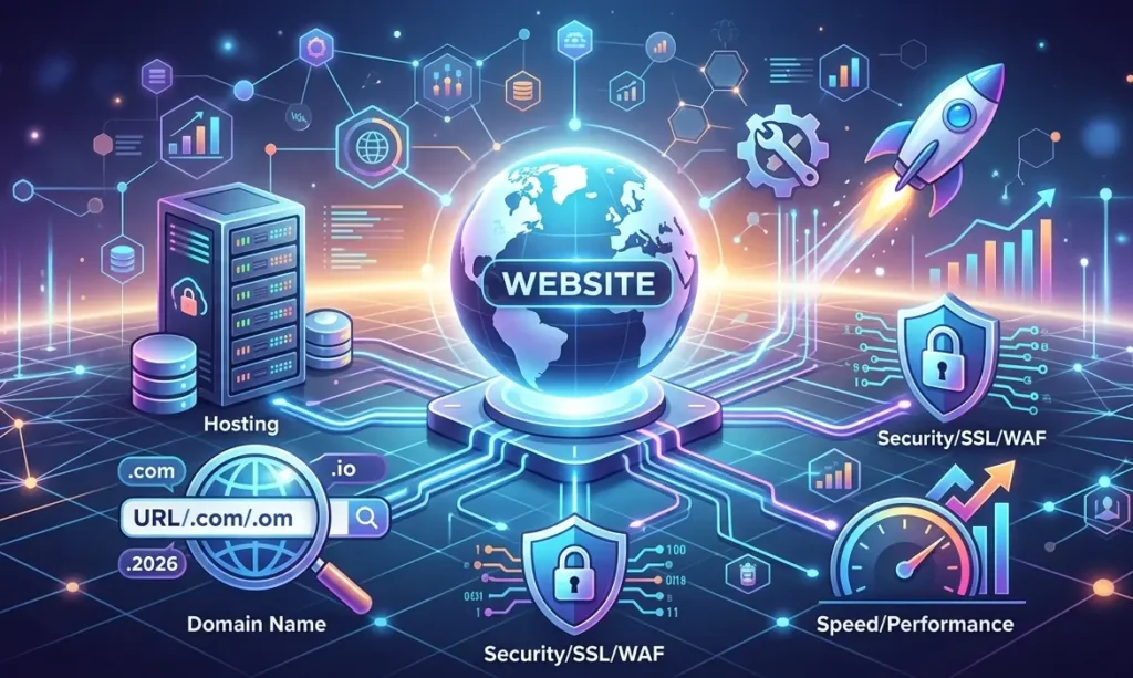A futuristic isometric digital graphic illustrating web hosting and domain concepts, featuring a illuminated globe surrounded by servers, a domain search magnifying glass, security shields, and performance metrics on a dark neon network grid.