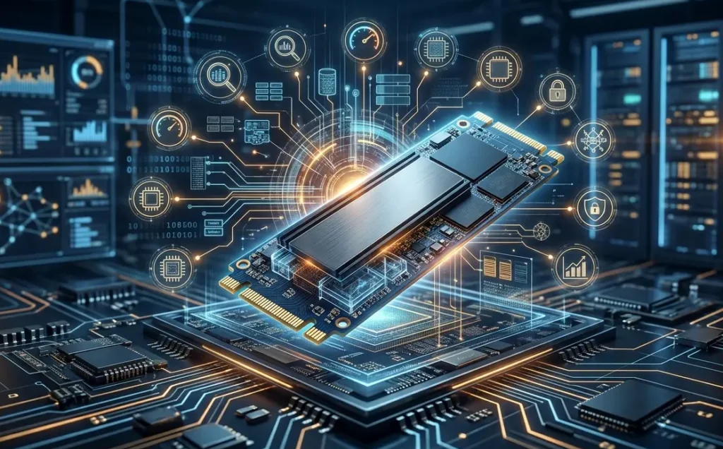 A futuristic M.2 SSD unit glowing on a circuit board, surrounded by data download icons, speed meters, and server racks in a high-tech lab setting.
