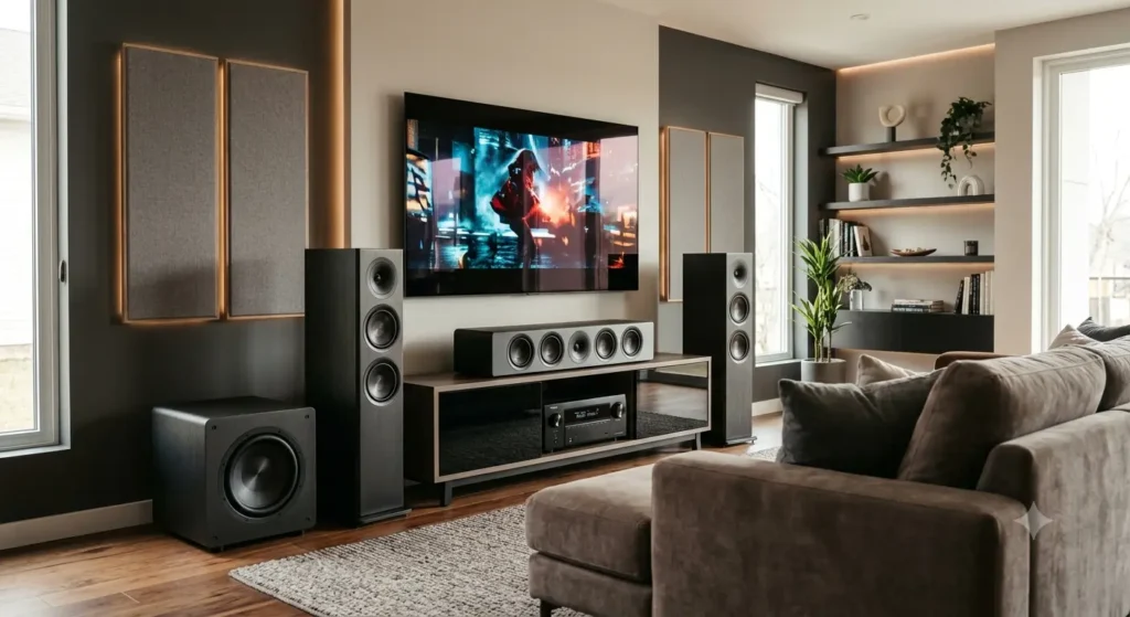 Modern home theater living room featuring a premium surround sound system with floor-standing speakers, a subwoofer, and acoustic panels.