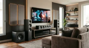 Modern home theater living room featuring a premium surround sound system with floor-standing speakers, a subwoofer, and acoustic panels.