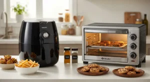 A side-by-side comparison of a glossy black Philips digital air fryer and a stainless steel Bajaj OTG (Oven Toaster Griller) on a clean kitchen counter. The air fryer has bowls of pakoras and French fries in front, while the OTG contains veggie patties on a baking tray and has chocolate chip cookies resting outside on wooden plates. In the background are two spice jars, windows, and kitchen cabinets.