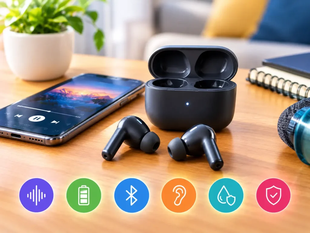 White wireless earbuds with charging case on a wooden desk beside a smartphone.