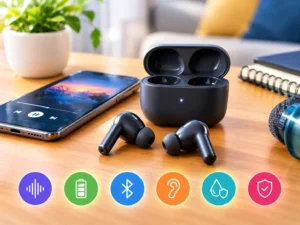 White wireless earbuds with charging case on a wooden desk beside a smartphone.